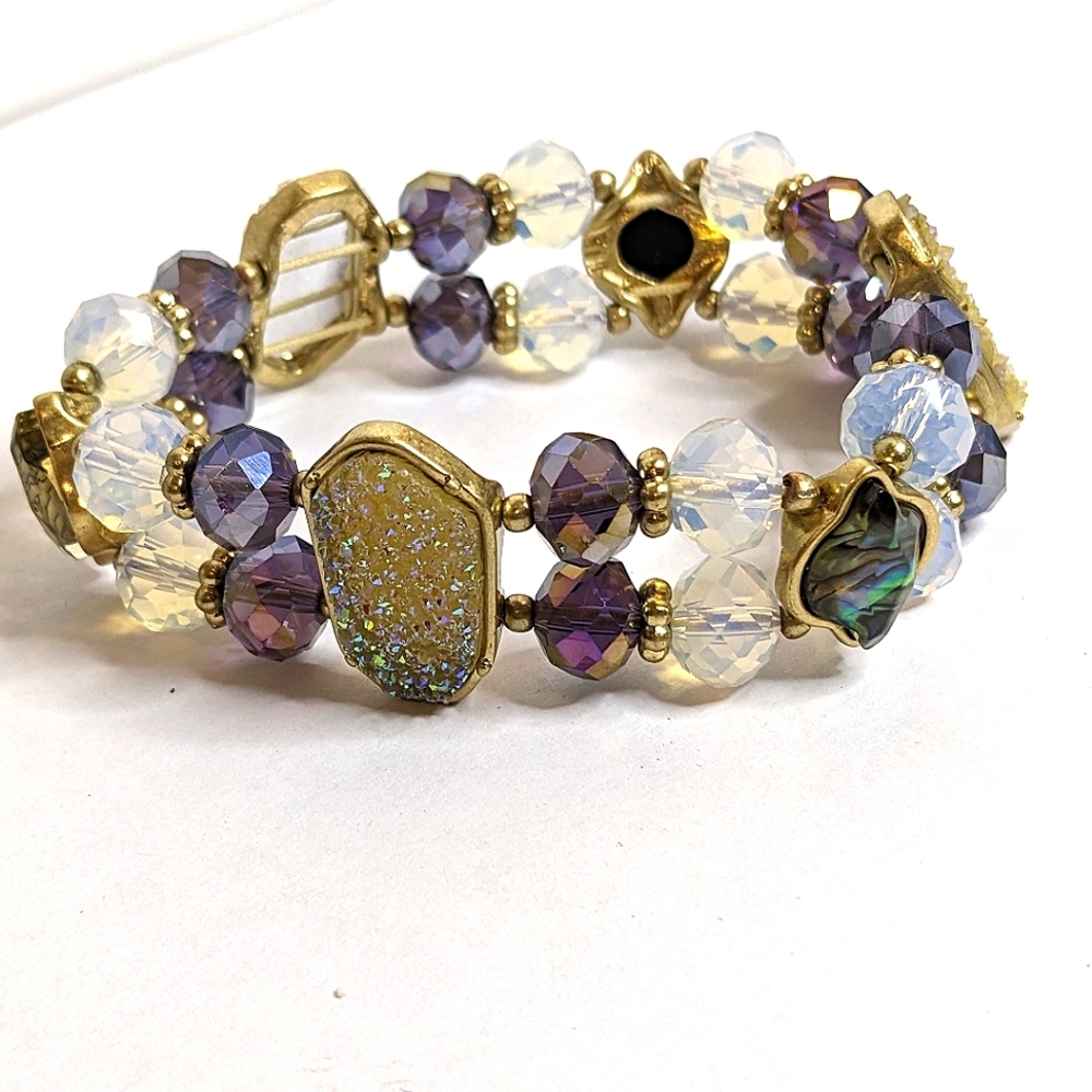 Vintage sterch‎ AB Crystal Simulated Abalone Shell  and Druzy Bracelet